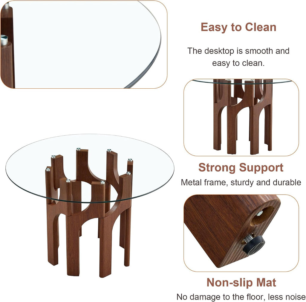 Round Dining Table,46 Inch Glass Kitchen Dining Room Table with Wooden Walnut Pedestal Base,Modern Circle Clear Glass Top 4-6 Person Dinner Table for Small Spaces Home/Apartment
