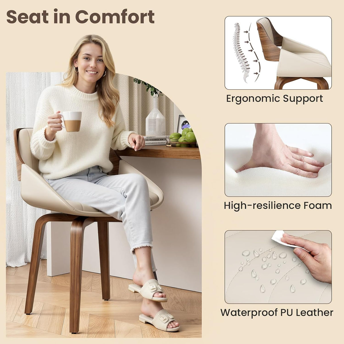 REONEY 360° Swivel Dining Chairs Set of 8, Mid Century Modern Kitchen Chair with Walnut Bentwood Back and Legs, Upholstered PU Leather for Dining Room, Kitchen, Restaurant, Cafe, Beige