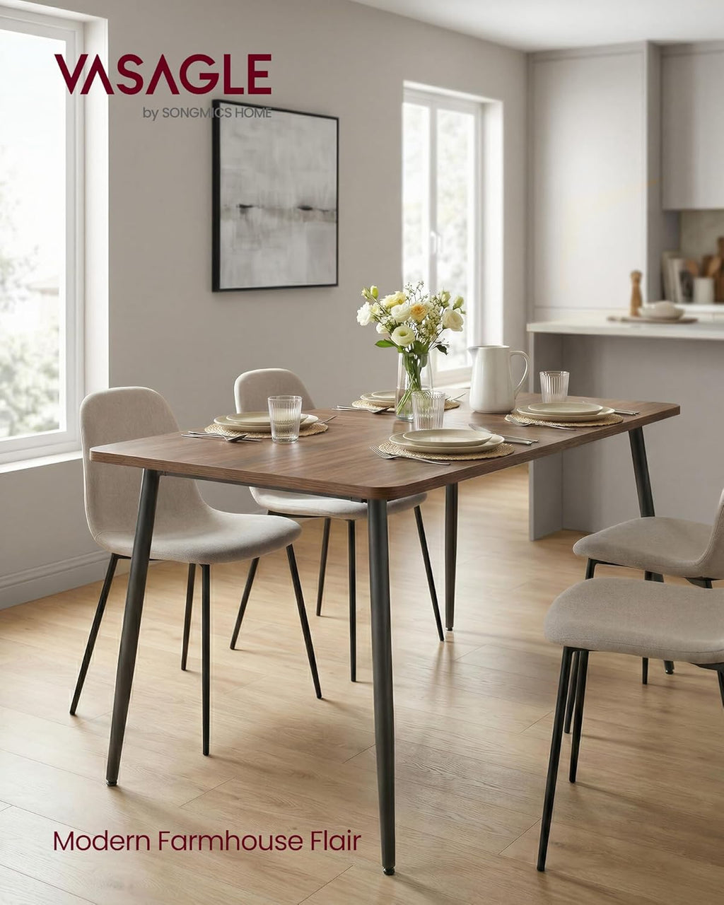 VASAGLE 55.1" Dining Table for 4-6 People, Modern Kitchen Table, Heat-Resistant Tabletop, Quick Assembly, for Dining Room, Natural Walnut and Ink Black, Island Collection UKDT100K02V2