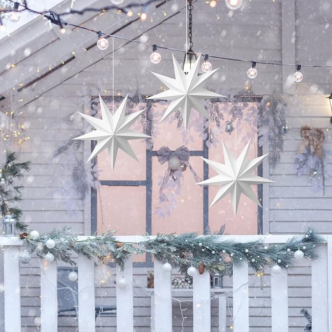 Easy Joy 3Pcs 9-Pointed Paper Star Lanterns 12 Inch Hanging Lampshade Wedding Birthday Christmas Home Party Decoration
