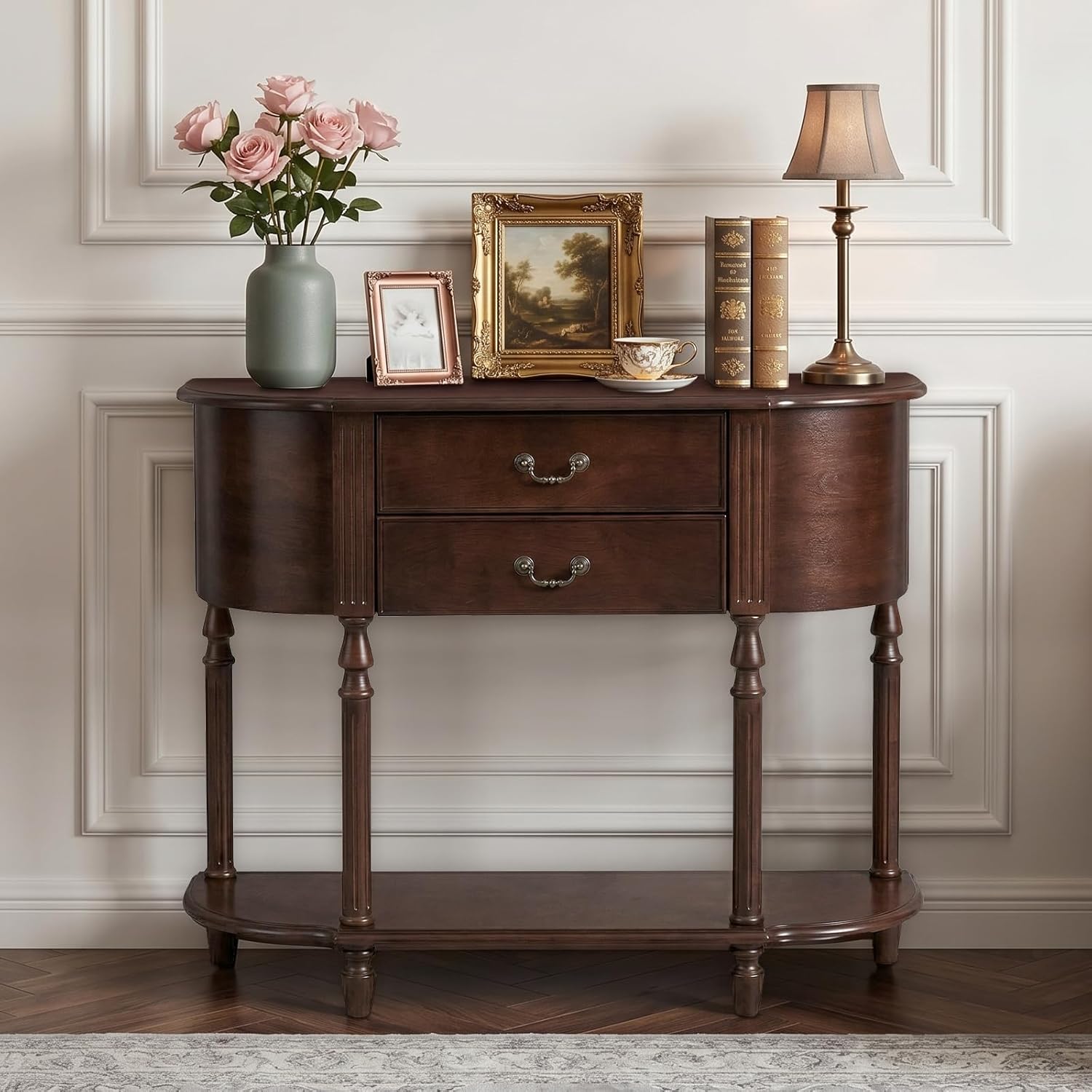 LKTART 43.3" Solid Wood Vintage Curved Console Table, Half Moon Sofa Table Entryway Table with 2 Drawers and Open Shelves Rubber Wood Legs for Living Room Hallway Entryway, Walnut