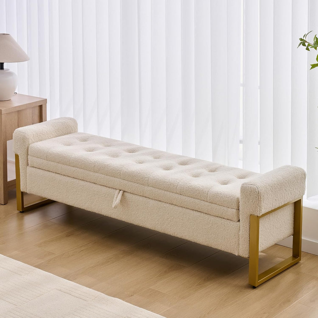 67" End of Bed Storage Bench King Size, Bench for Bedroom Foot of Bed, Upholstered Teddy Storage Ottoman with Gold Legs for Window Living Room, Teddy Beige