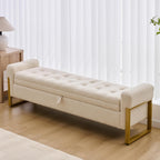 67" End of Bed Storage Bench King Size, Bench for Bedroom Foot of Bed, Upholstered Teddy Storage Ottoman with Gold Legs for Window Living Room, Teddy Beige