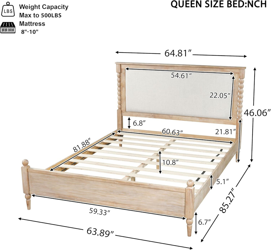 Merax Queen Size Solid Wood Platform Bed Frame, Upholstered Headboard & Classic Spindle & with Fabric Panel, No Box Spring Needed, 500 lbs Capacity Timeless Traditional for Bedroom, Natural