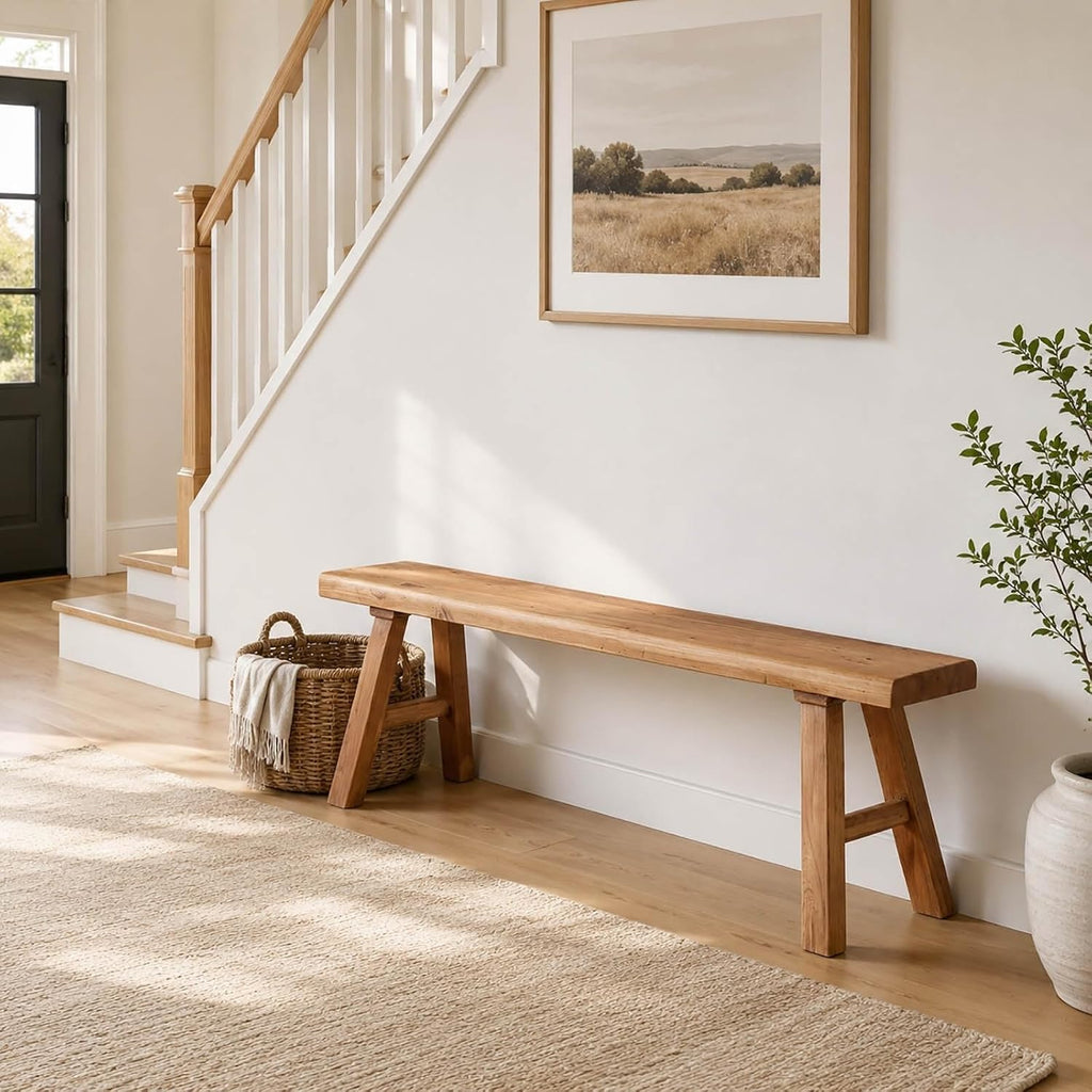 Farmhouse Solid Wooden Narrow Bench Natural Rustic Kitchen Dining Table Skinny Entryway Shoe Benches 47.2/62.9/70.8/78.8 In End of Bed Bench Dining Bench Shoe Bench For Hallway(47.2x10.2x17.7in)