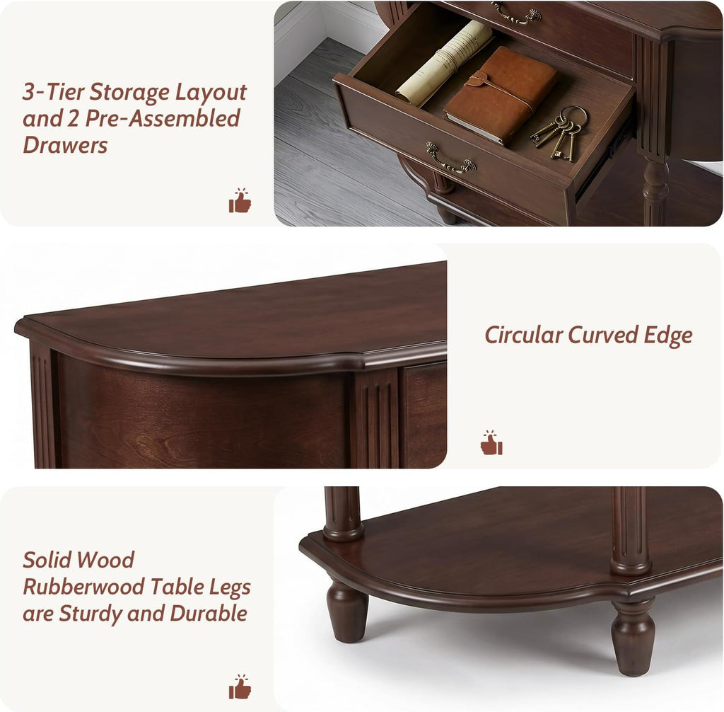 LKTART 43.3" Solid Wood Vintage Curved Console Table, Half Moon Sofa Table Entryway Table with 2 Drawers and Open Shelves Rubber Wood Legs for Living Room Hallway Entryway, Walnut