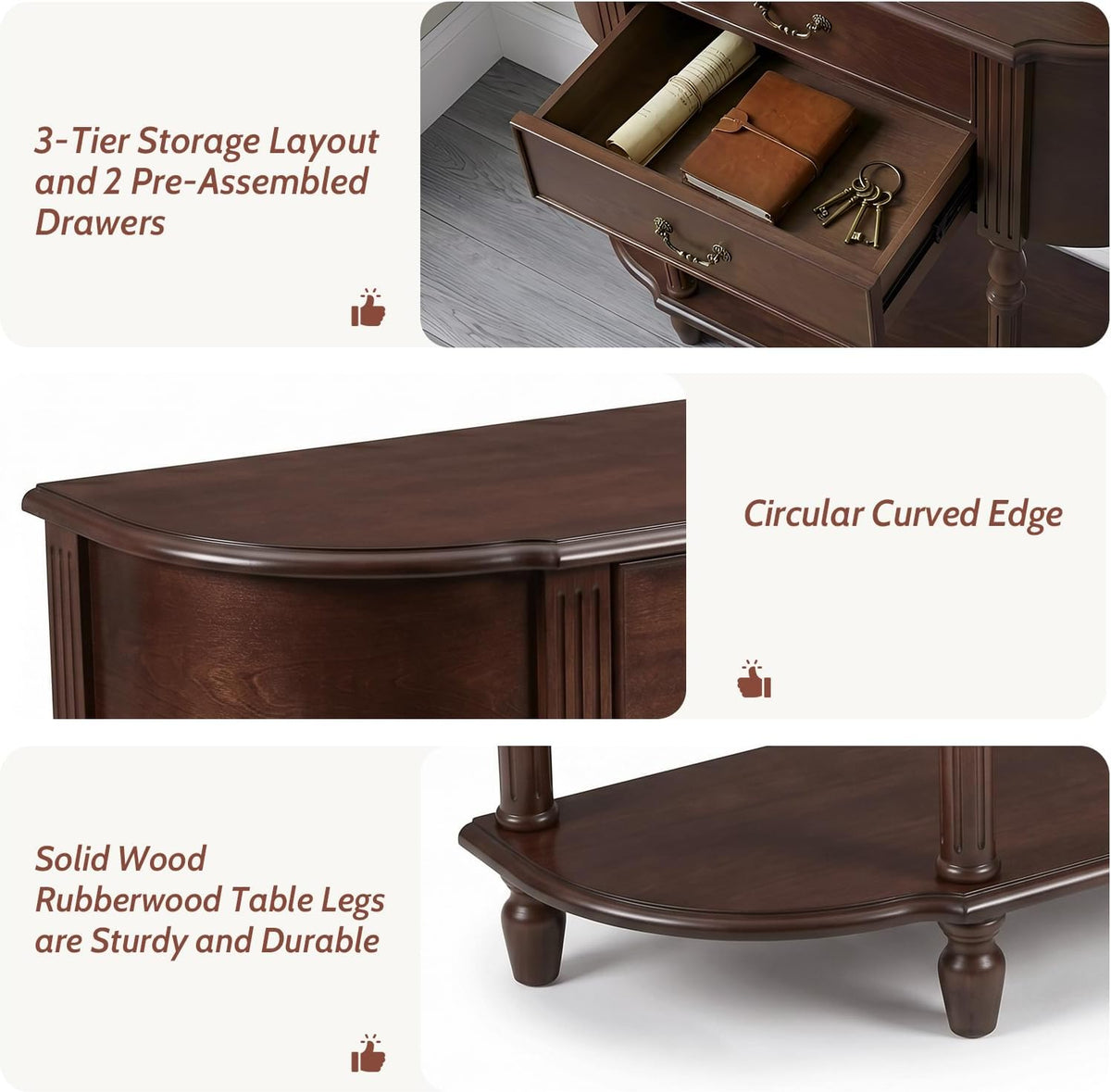 LKTART 43.3" Solid Wood Vintage Curved Console Table, Half Moon Sofa Table Entryway Table with 2 Drawers and Open Shelves Rubber Wood Legs for Living Room Hallway Entryway, Walnut