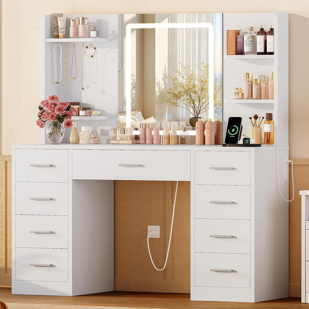 FIONESO Vanity Desk with Mirror and Lights, Makeup Vanity with 9 Drawers & Power Outlet, 5 Hooks & 6 Open Shelves, 3 Lighting Colors & Adjustable Brightness, White Vanity for Girls