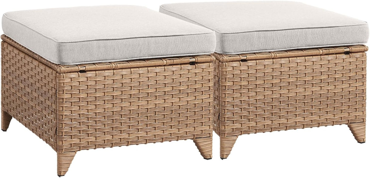 Rilyson Luxury Outdoor Wicker Patio Ottomans Set of 2, 250 lbs Capacity Rattan Large Ottomans for Patio Footrest Set 22.8in*22.8in*14in with 3.5in Thick Cushion (Yellow/Beige)