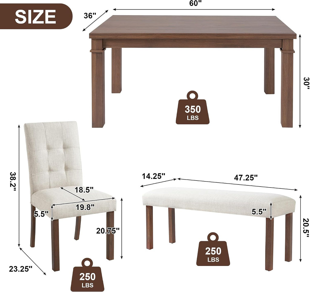 Ball & Cast Dining Table Set for 6 W/Bench & 4 Upholstered Chairs,6 Piece Dining Set W/ 60" Rectangle Kitchen Table & Anti-Scratch Pads,Table and Chairs Set for Living Room,Dining Room,Walnut