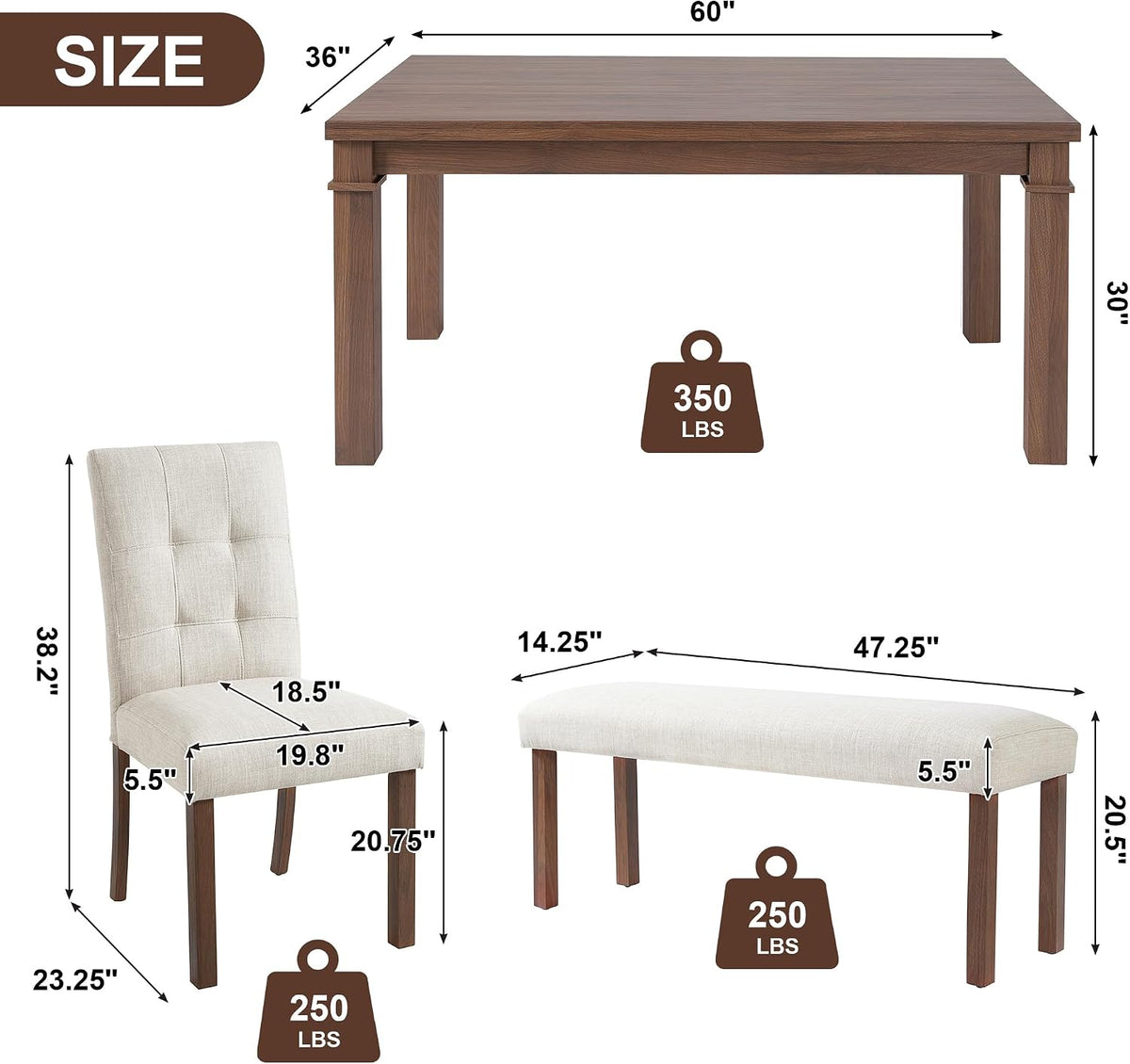 Ball & Cast Dining Table Set for 6 W/Bench & 4 Upholstered Chairs,6 Piece Dining Set W/ 60" Rectangle Kitchen Table & Anti-Scratch Pads,Table and Chairs Set for Living Room,Dining Room,Walnut