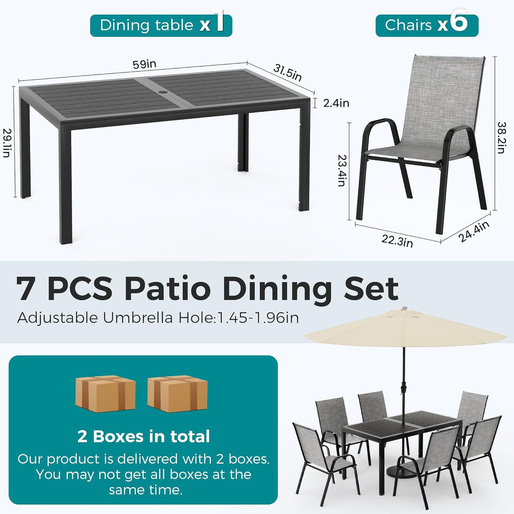 Pamapic Outdoor Dining Sets for 6, Rectangular Steel Slat Table with 6 Textilene Chairs, 7 Piece Patio Table and Chairs Set with Umbrella Hole for Patio, Backyard, Poolside (Grey, No Umbrella)