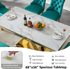 Modern Marble Dining Table for 6-8, 68" Faux Marble Kitchen Table with Gold X-Shape Stainless Steel Base,Luxury Rectangular White Marble Dining Room Table for Home Office Kitchen Dining Room