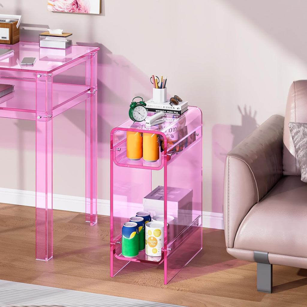 Clear Acrylic Side Table, Narrow Nightstand Bedside Table for Bedroom, Skinny Small End Table (Pink, 8.7'' x 15.7'' x 21.7")
