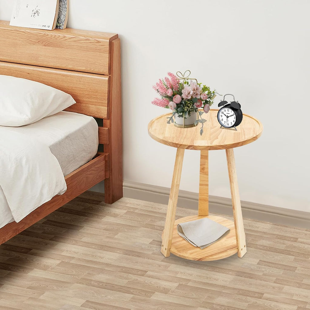 Small Round Side Table, 2-Tier End Table with Storage Shelf, Modern Couch Bedside Table for Living Room Bedroom Apartment Office (Burlywood)