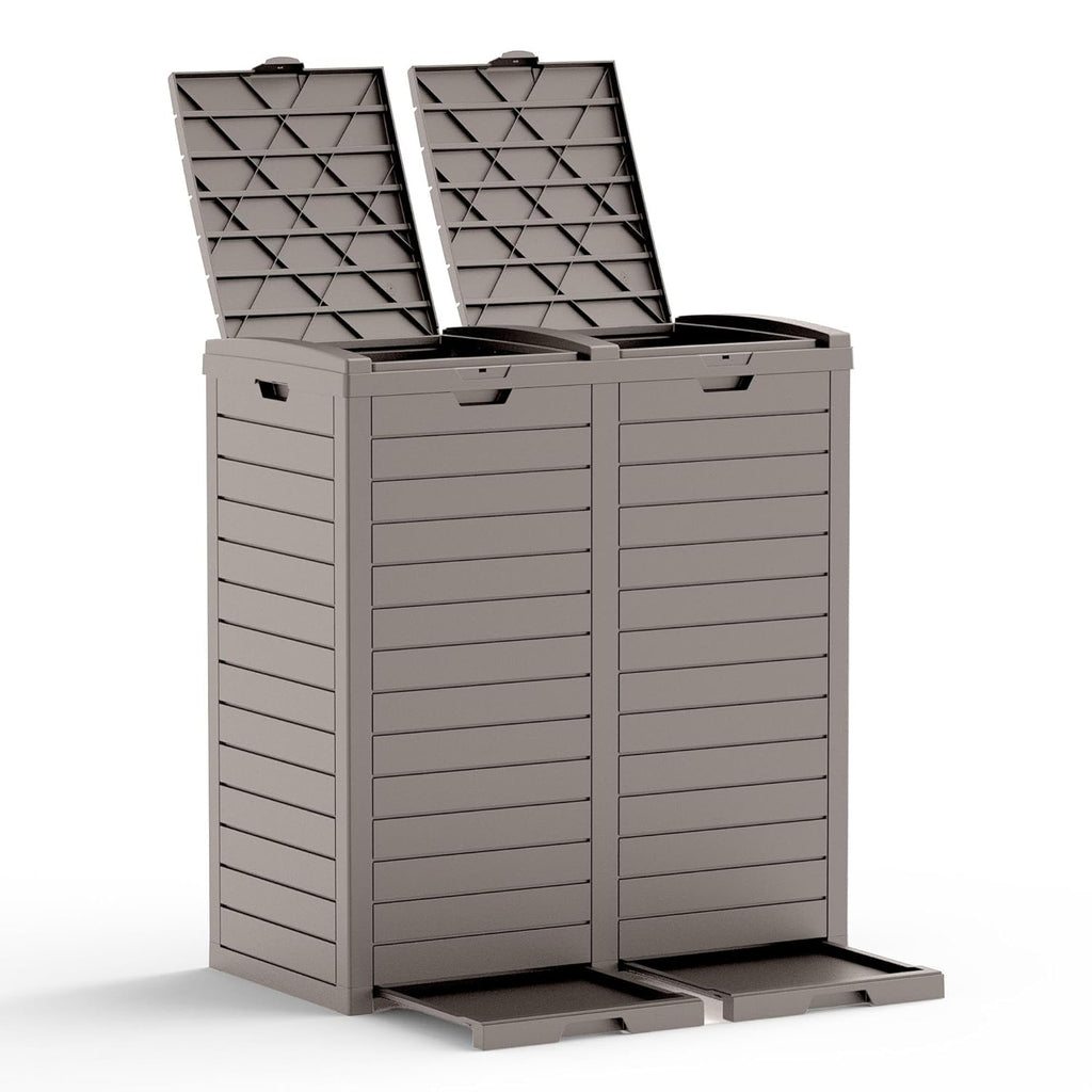 62 Gallon Outdoor Trash Can with Tiered Lid and Drip Tray,Waterproof Resin Waste Bin Indoor,Durable,Stylish,Lightweight Garbage Bin for Patio,Kitchen,Backyard and Office(Light Brown)