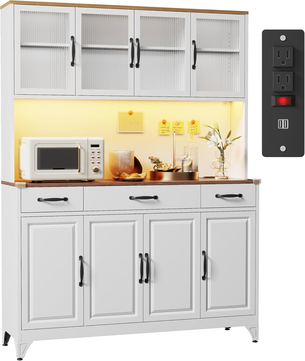 74.8" Tall Metal Pantry Cabinet with Charging Station & LED Light | Kitchen Pantry Storage Cabinet with 6 Adjustable Shelves, Large Cupboard for Kitchen,Dining Room, Living Room, Office
