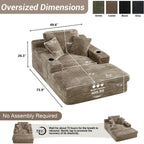 49" x 76" Corduroy Chaise Lounge, Cup Holders, Camel | Super-oversized corduroy chaise with deep sleeper seating and built-in cup holders for reading, lounging rest.