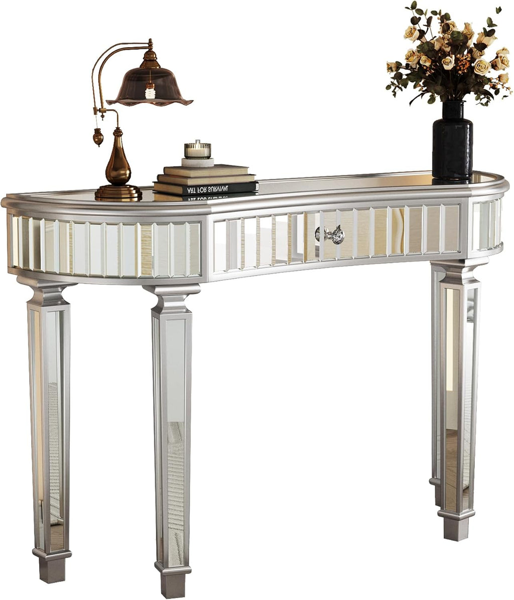 SSLine Mirrored Console Table Makeup Dressing Table,Modern Sofa Side Table Mirrored Desk Media Console Vanity Desk with One Drawer for Home Office Entryway Hallway