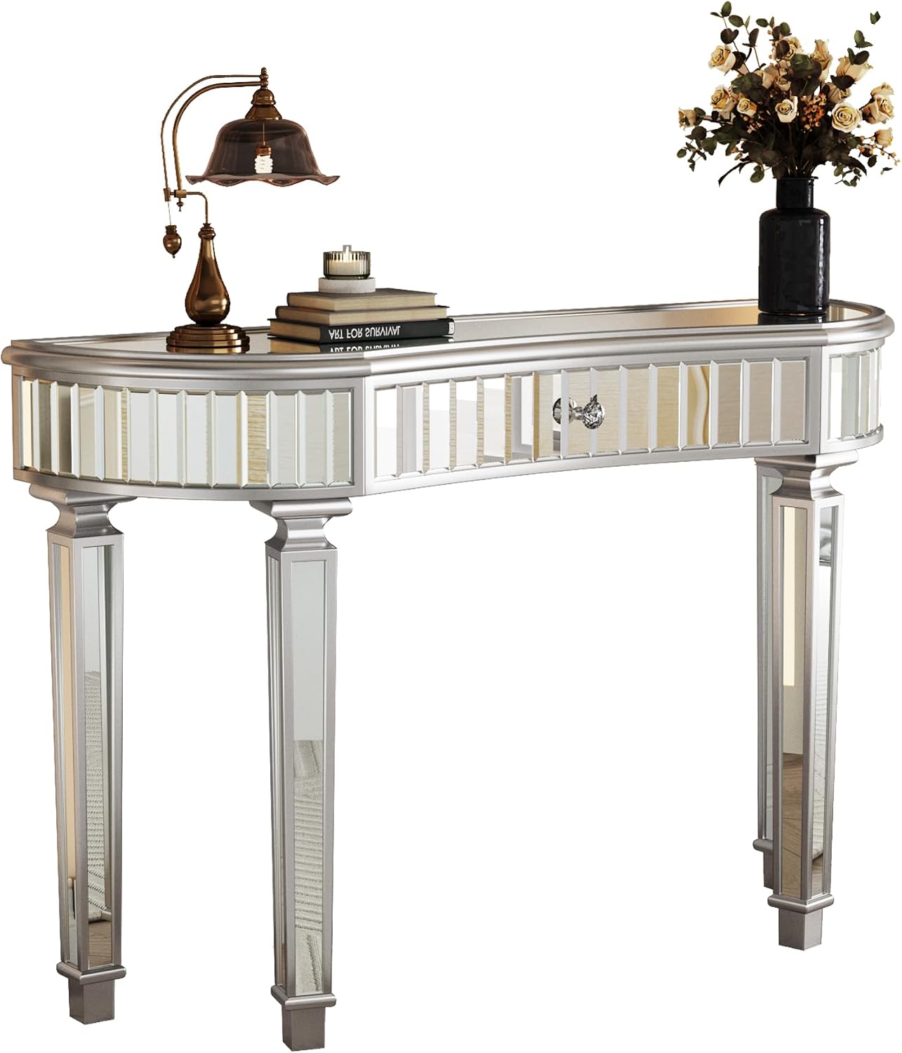 SSLine Mirrored Console Table Makeup Dressing Table,Modern Sofa Side Table Mirrored Desk Media Console Vanity Desk with One Drawer for Home Office Entryway Hallway