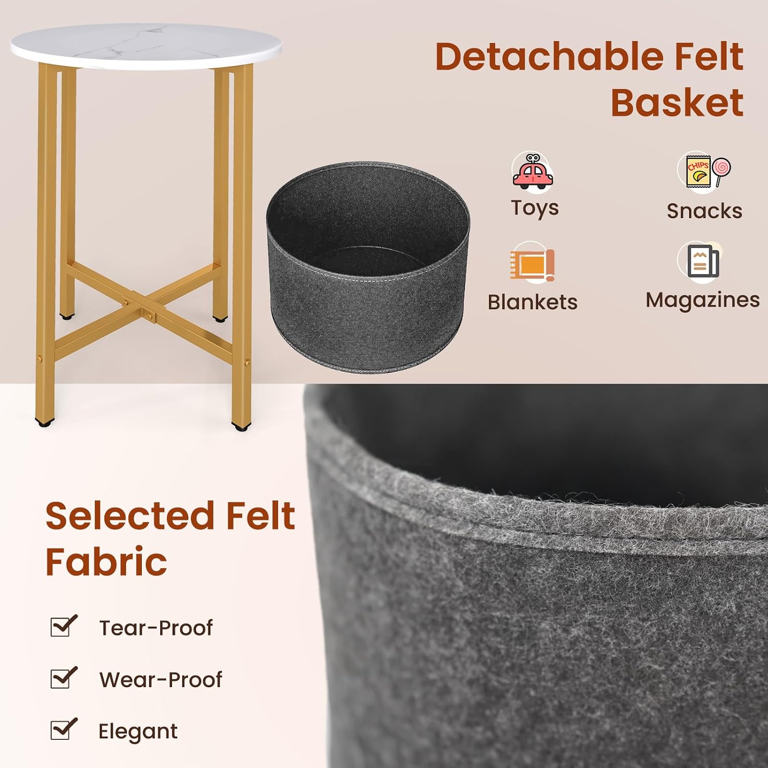 Giantex Round End Table, Small Side Table with Removable Fabric Basket, Modern Bedside Table with Metal Frame, Sofa Couch Accent Table for Small Space Living Room, Nightstand for Bedroom, White