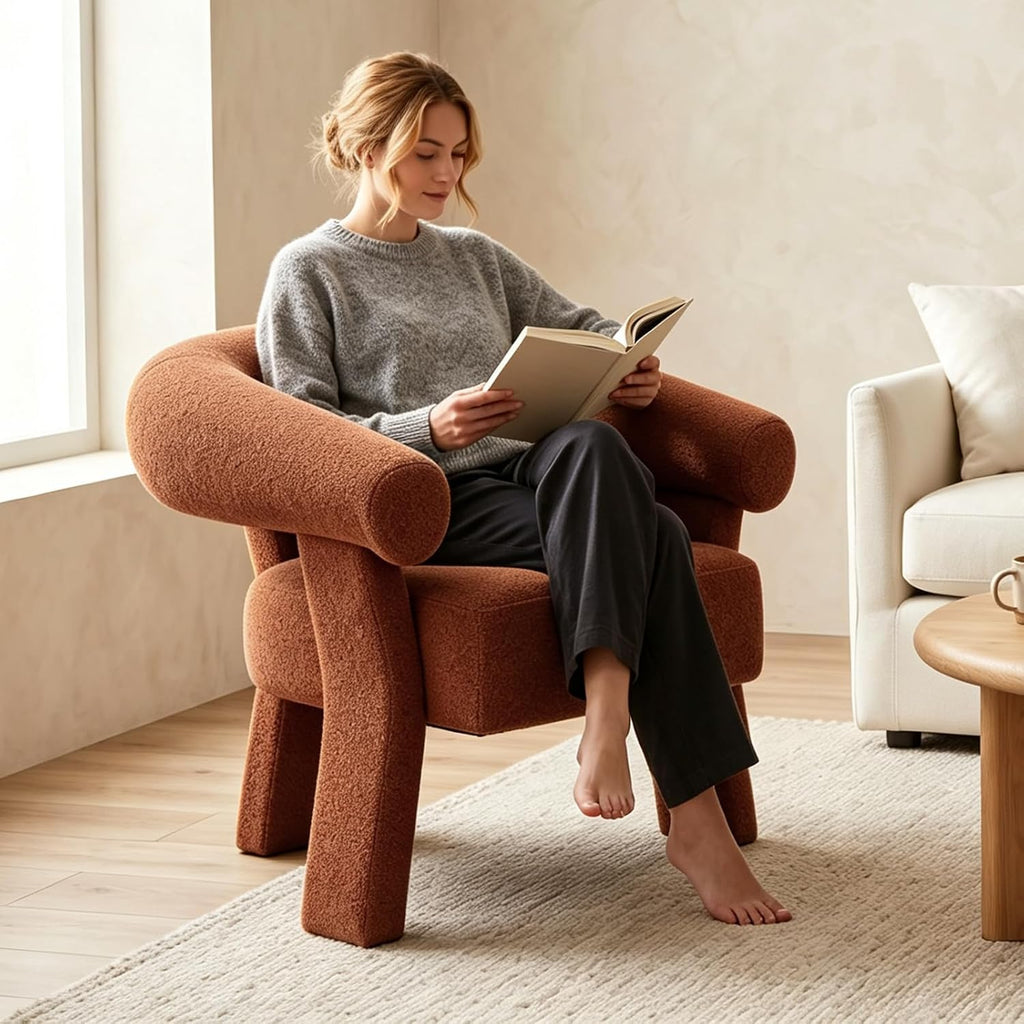 ANJ Modern Chenille Accent Chair, Barrel Armchair with Solid Wood Legs & Curved Backrest, Modern Arm Chair with Upholstered Fabric for Living Room & Vanity Room, Orange
