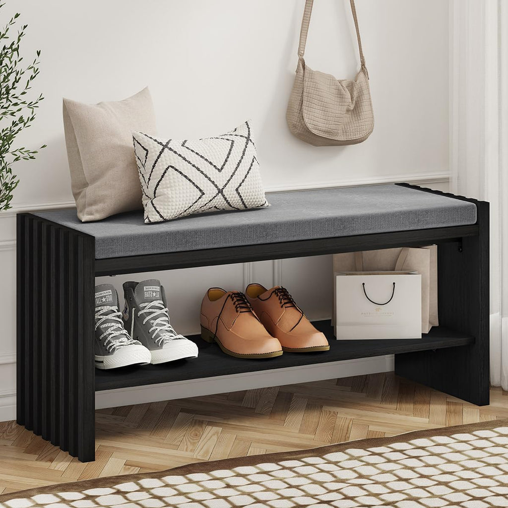 BON AUGURE 40" Entryway Shoe Bench with Storage & Cushion, Modern Fluted Shoe Rack for Mudroom, Sturdy Wooden Hallway Bench with 360 lbs Capacity, Black Oak