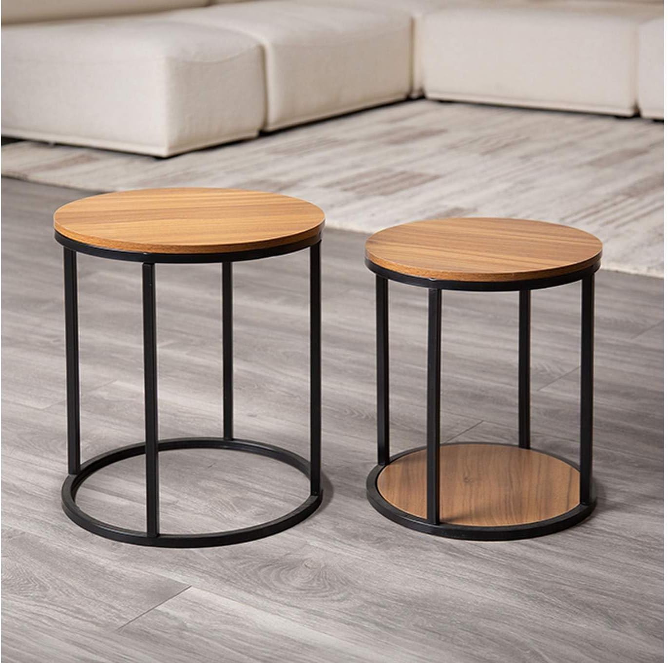Contemporary Metal and Solid Wood Nesting Tables with Natural+Black | Space-saving nesting tables with natural and black finish