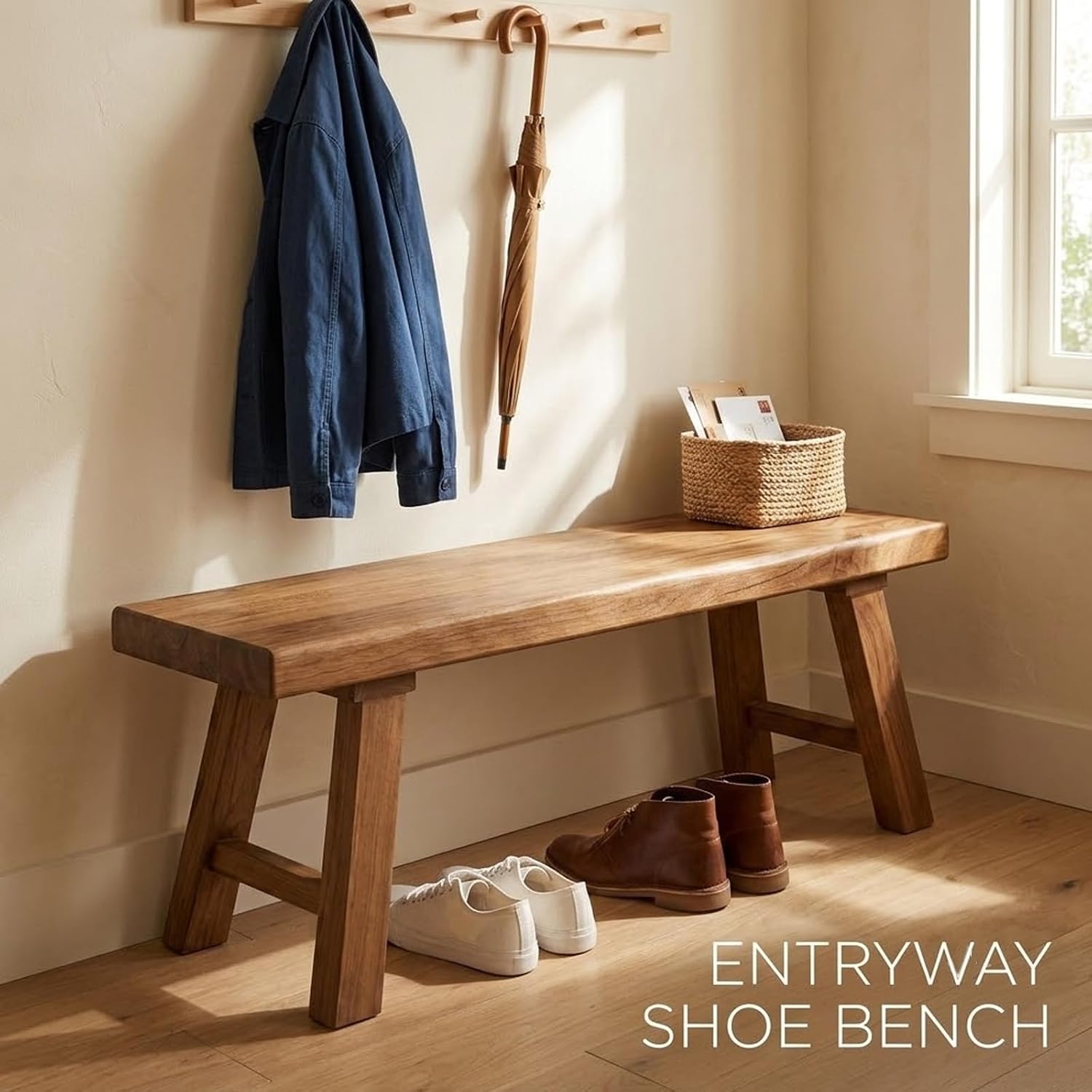 Solid Wood Bench for Entryway, 30" 36" 42" 48" 54" 60" Farmhouse Wood Dining Bench, Rustic Indoor Seating for Kitchen, Living Room & End of Bed(L: 28" x W:12" x H:18")