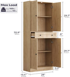 Furnify Kitchen Pantry Storage Cabinet, 71" H Farmhouse Pantry Cabinet with 4 Doors & Drawer, Freestanding Cupboard with Adjustable Shelves, Rustic Wood Cupboard for Kitchen, Dining Room, Natural