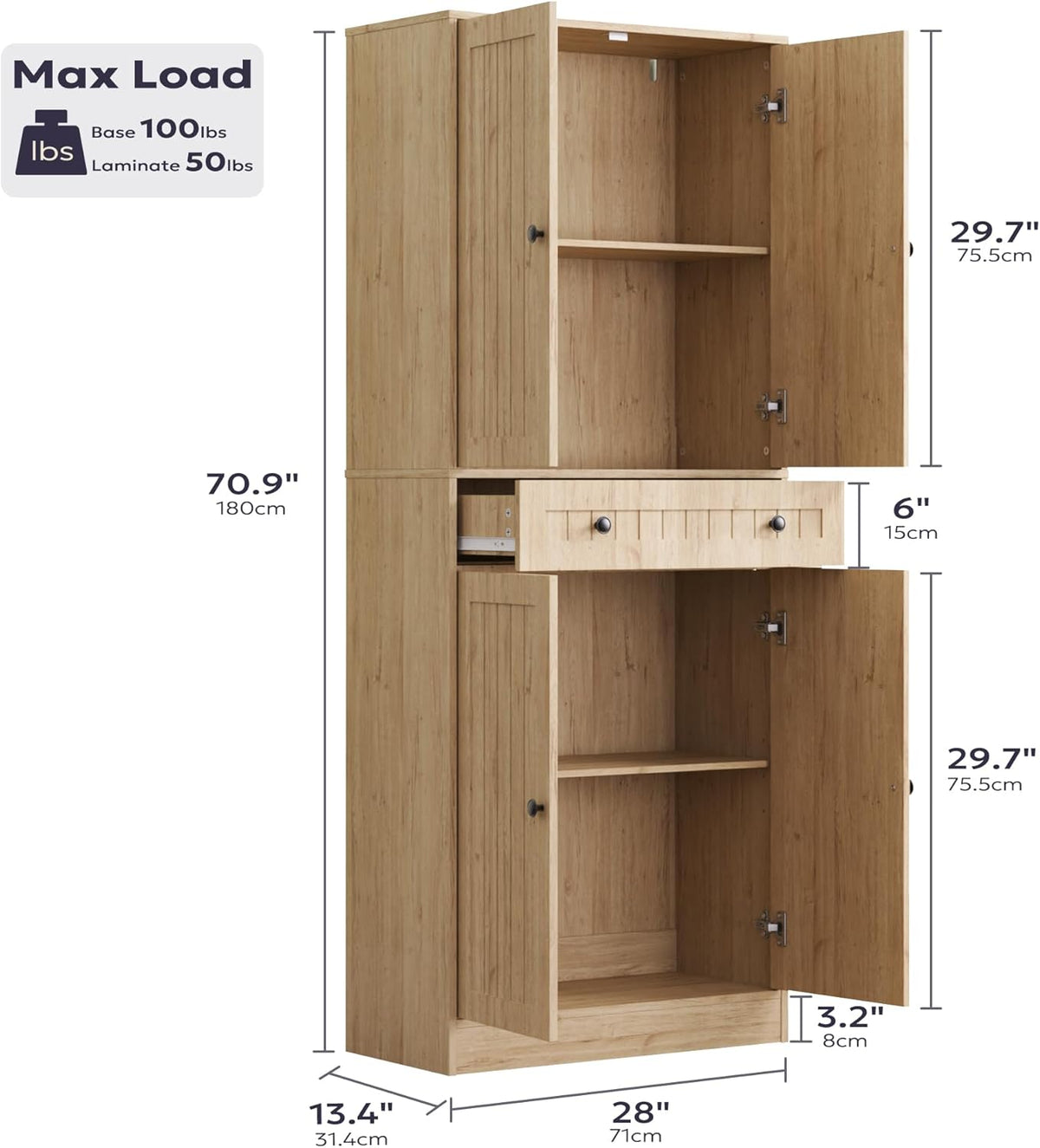 Furnify Kitchen Pantry Storage Cabinet, 71" H Farmhouse Pantry Cabinet with 4 Doors & Drawer, Freestanding Cupboard with Adjustable Shelves, Rustic Wood Cupboard for Kitchen, Dining Room, Natural