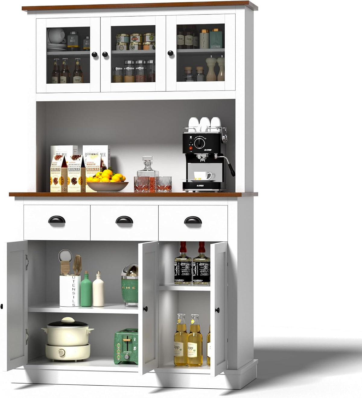 MU 71" Kitchen Pantry Cabinet with Charging Station, Tall Pantry Hutch with Drawers, Countertop & Microwave Shelf, Food Storage Cabinet for Dining Room & Coffee Bar, White