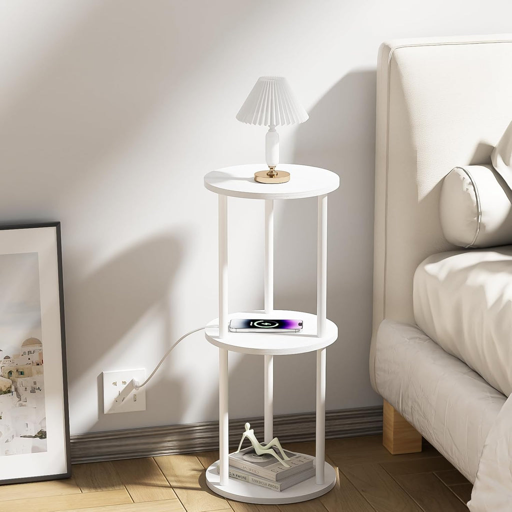 11.8'D Round Drink Table - 3-Tier Small Side Table with Wood Legs, End Table for Small Space, Balcony & Office | Space-Saving, Multi-Functional (Plants, Books, Drinks), White