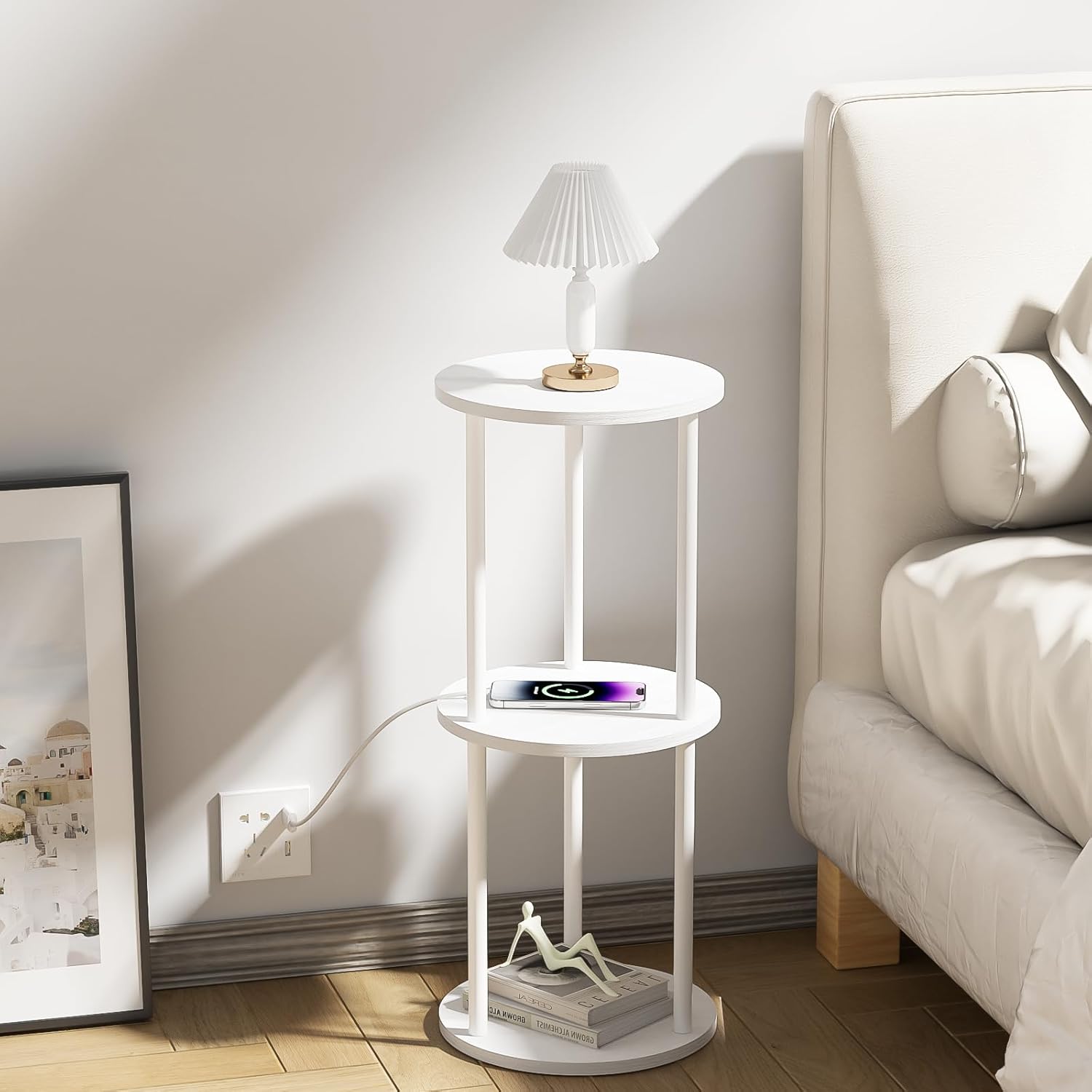 11.8'D Round Drink Table - 3-Tier Small Side Table with Wood Legs, End Table for Small Space, Balcony & Office | Space-Saving, Multi-Functional (Plants, Books, Drinks), White