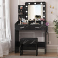 Patikuin Vanity Desk with Mirror and Lights for Bedroom, Marble Black Modern Makeup Table with 2 Drawers, 3 Light Modes & Dimmable LED, Includes Stool