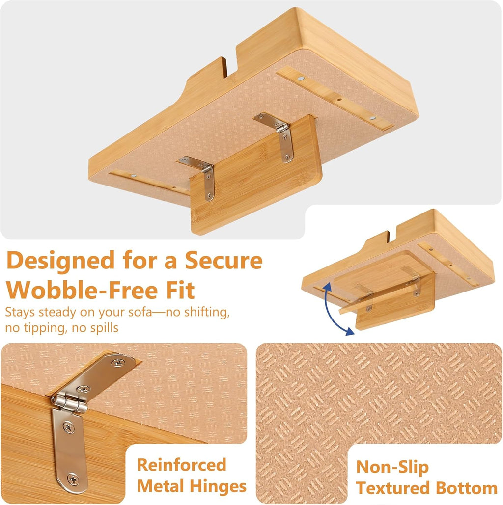 Couch Tray Insert for Middle Seat, Bamboo Couch Table with 2 Cup Holders, Fits Armless Sofa & Sectionals, Fold-Flat Tray for Drinks, Snacks & Remotes, Natural Bamboo