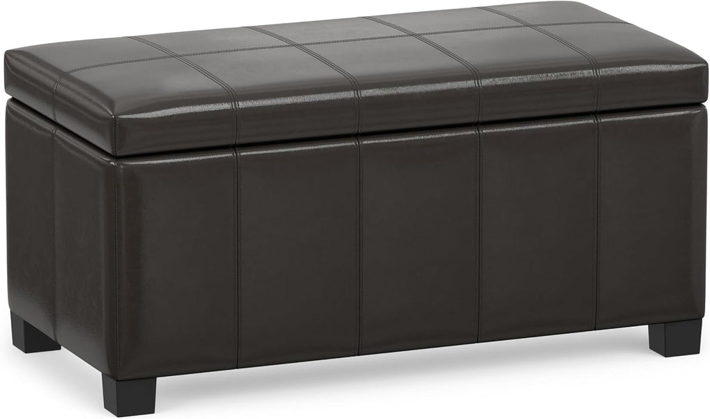 SIMPLIHOME Dover 36" Wide Vegan Leather Storage Ottoman in Tanners Brown | Contemporary ottoman with lift-top and safety hinges; upholstered rectangle storage bench for living room and entryway.