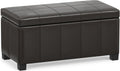 SIMPLIHOME Dover 36" Wide Vegan Leather Storage Ottoman in Tanners Brown | Contemporary ottoman with lift-top and safety hinges; upholstered rectangle storage bench for living room and entryway.