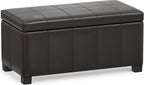 SIMPLIHOME Dover 36" Wide Vegan Leather Storage Ottoman in Tanners Brown | Contemporary ottoman with lift-top and safety hinges; upholstered rectangle storage bench for living room and entryway.