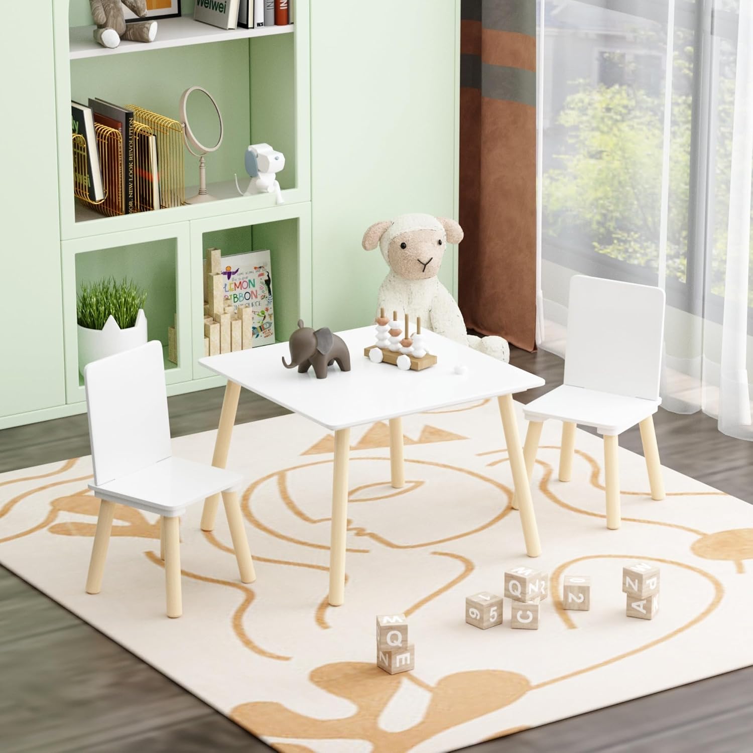 ALEVINE 3 Piece Square Back Kids Table Set | Kids wooden table and chair set with animal-themed chairs, designed for play, learning, crafts, and activities.
