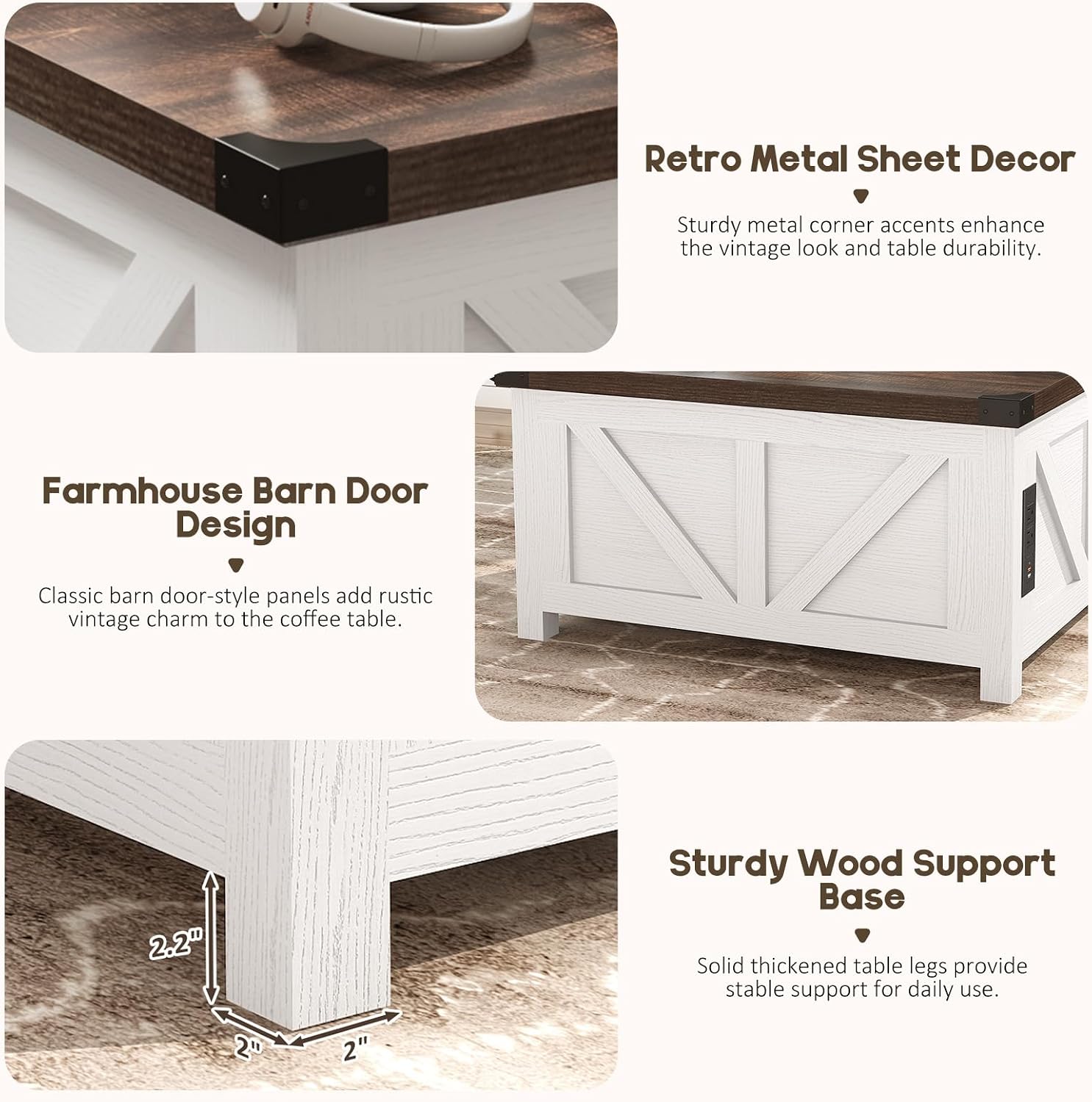 jimeimen Farmhouse Lift Top Coffee Table with Storage, Wood Square Center Table with Charging Station&USB Port, Living Room Table w/Large Hidden Space, for Living Room, Bedroom, Home Office, White