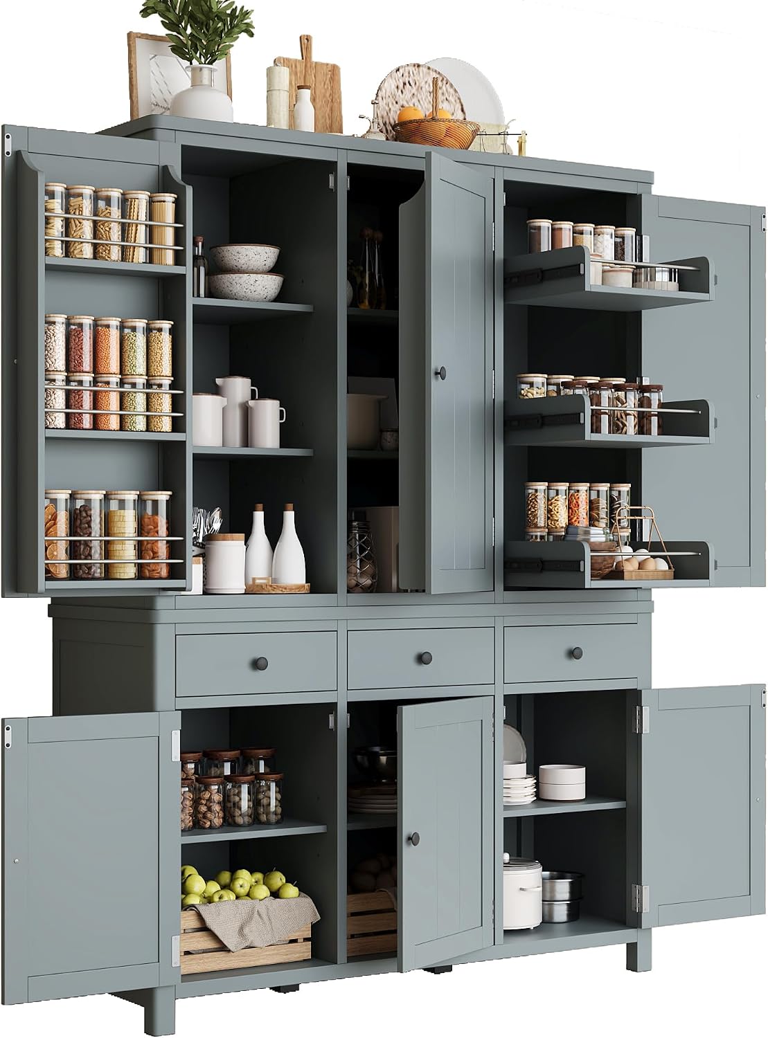 Pantry Storage Cabinet with Door Shelves and Drawers, Freestanding Tall Cupboard with Adjustable Shelves and Pull-Out Trays (Gray)