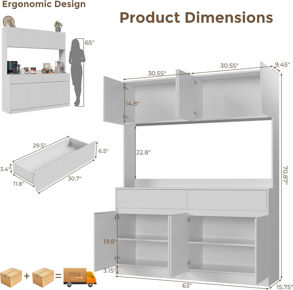 70.87" H Large Kitchen Pantry Storage Cabinet with Microwave Oven Countertop, Freestanding Pantry Cabinet with Drawers for Kitchen, Living Room (White)