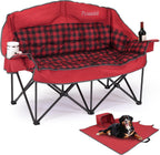 Double Camping Chair Padded Loveseat Camp Couch for Adults, Oversized 2 Person Love Seat with 2 in 1 Carry Bag, Heavy Duty Folding Outdoor Sofa with Cup Holders for Lawn Beach Tailgating, Red