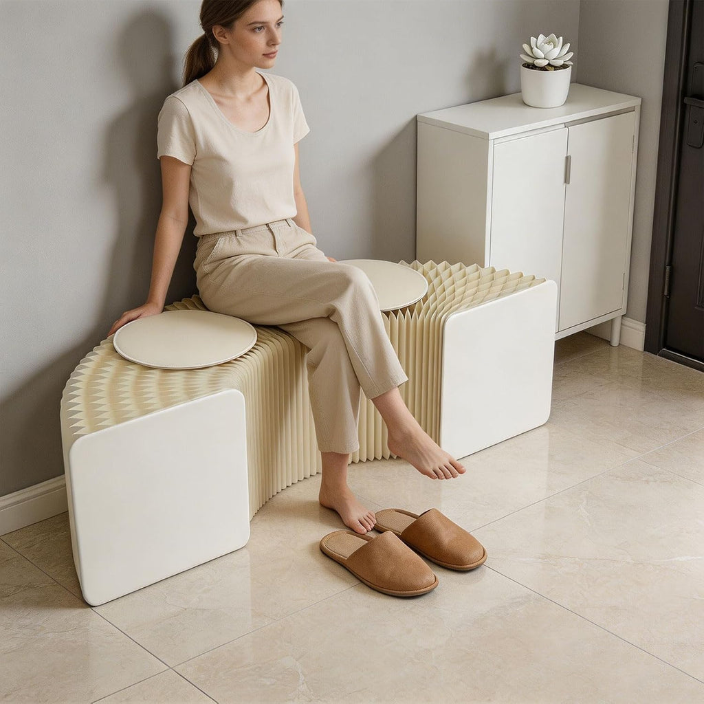 Foldable Paper Stool with 2 PU Cushion, 3.9ft Accordion Paper Stool Folding Craft Bench, One Seat Can Holds 220lbs, Shoe Change Stool for Home, Office, Exhibition, Shopping Mall