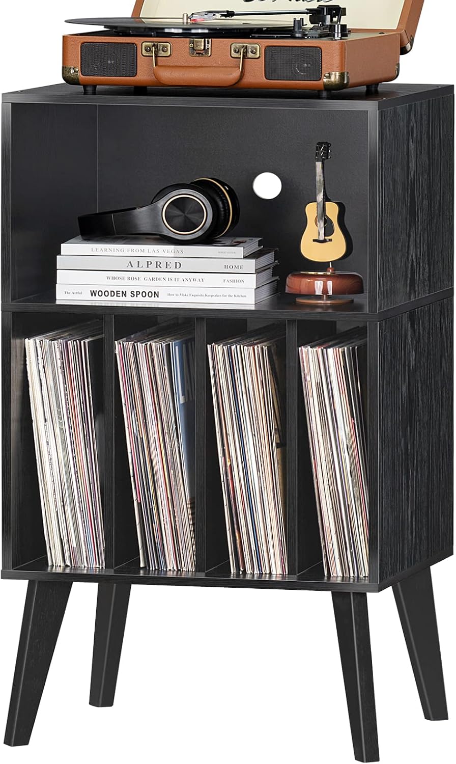 Lerliuo Record Player Stand, Black Turntable Stand Holds up to 160 Albums | Mid-Century Vinyl Storage Cabinet Table,Solid Wood Legs, Record Player Holder Dispaly Shelf for Bedroom Living Room