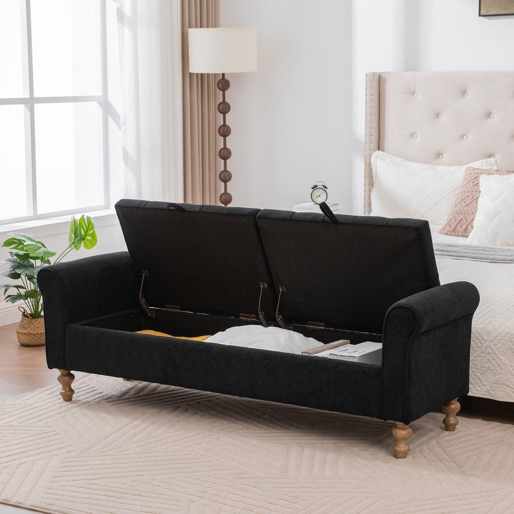 65.75" Modern Upholstered Ottoman with Storage, End of Bed Storage Bench with Rolled Armrest and Wood Legs, Comfy Napped Fabric Ottoman Bench for Living Room, Entryway, Dormitory, Bedroom (Black+A)