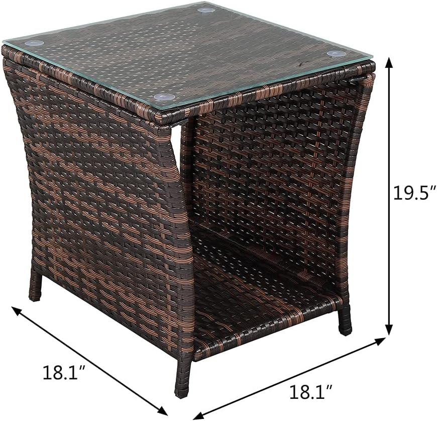 VINGLI Outdoor Wicker Side Table Patio Side Tables for Outside, Tempered Glass Top Wicker Table with Storage End Table for Balcony Porch Deck (Brown)