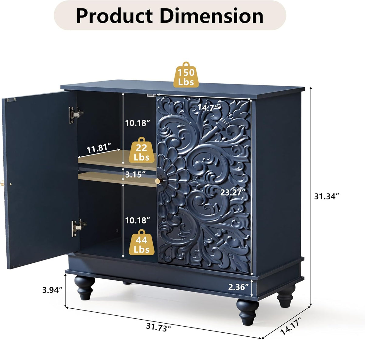 weselon Accent Cabinet with 2 Doors, Luxury Carving Board Storage Sideboard with Adjustable Shelves, Buffet Cabinet Entryway Table for Living Room (Midnight Blue)