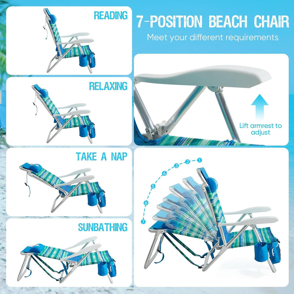 Old Bahama Bay Beach Chairs for Adults, 7-Position Classic Lay Flat Beach Chair Reclining Beach Chair, Portable Aluminum Backpack Beach Chair with Towel Bar & Cooler Bag